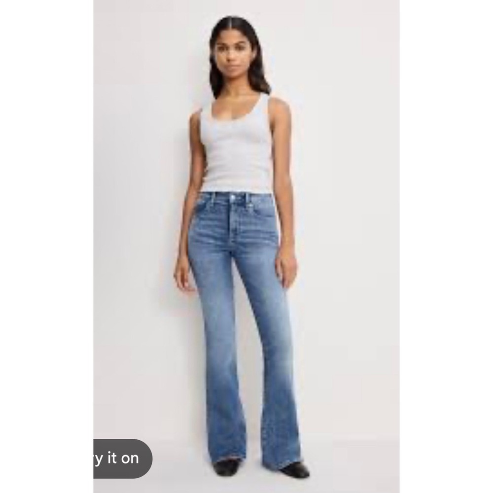 Good American High Rise Flare Jeans Blue Raw Hem Size 14/32 Denim Pants